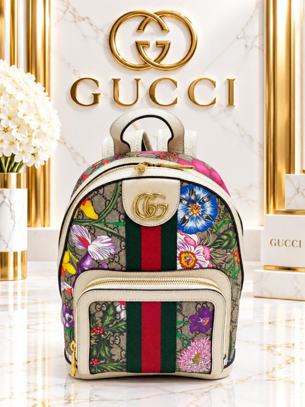 Authentic Gucci Ophidia GG Flora Backpack Floral Supreme Canvas
